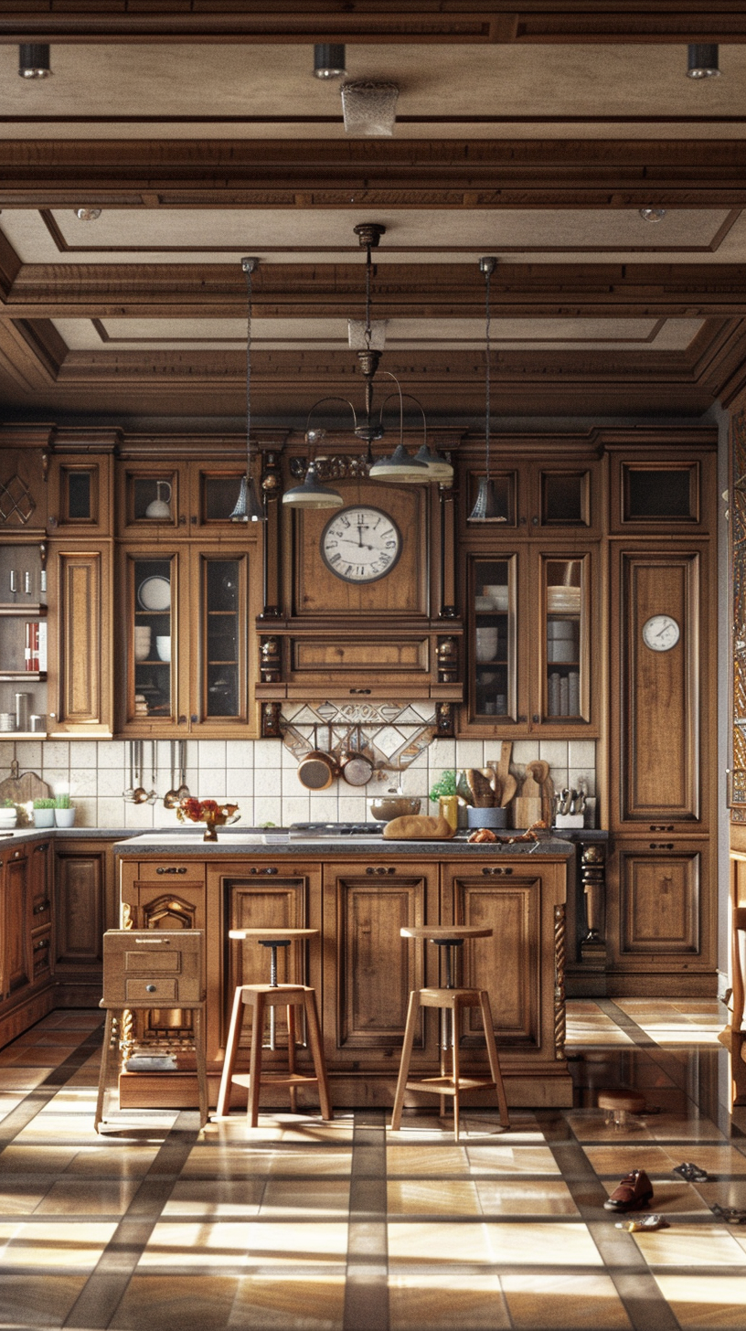 Dark kitchen utensils, black dogs in the corner, the clock at ten ten.
