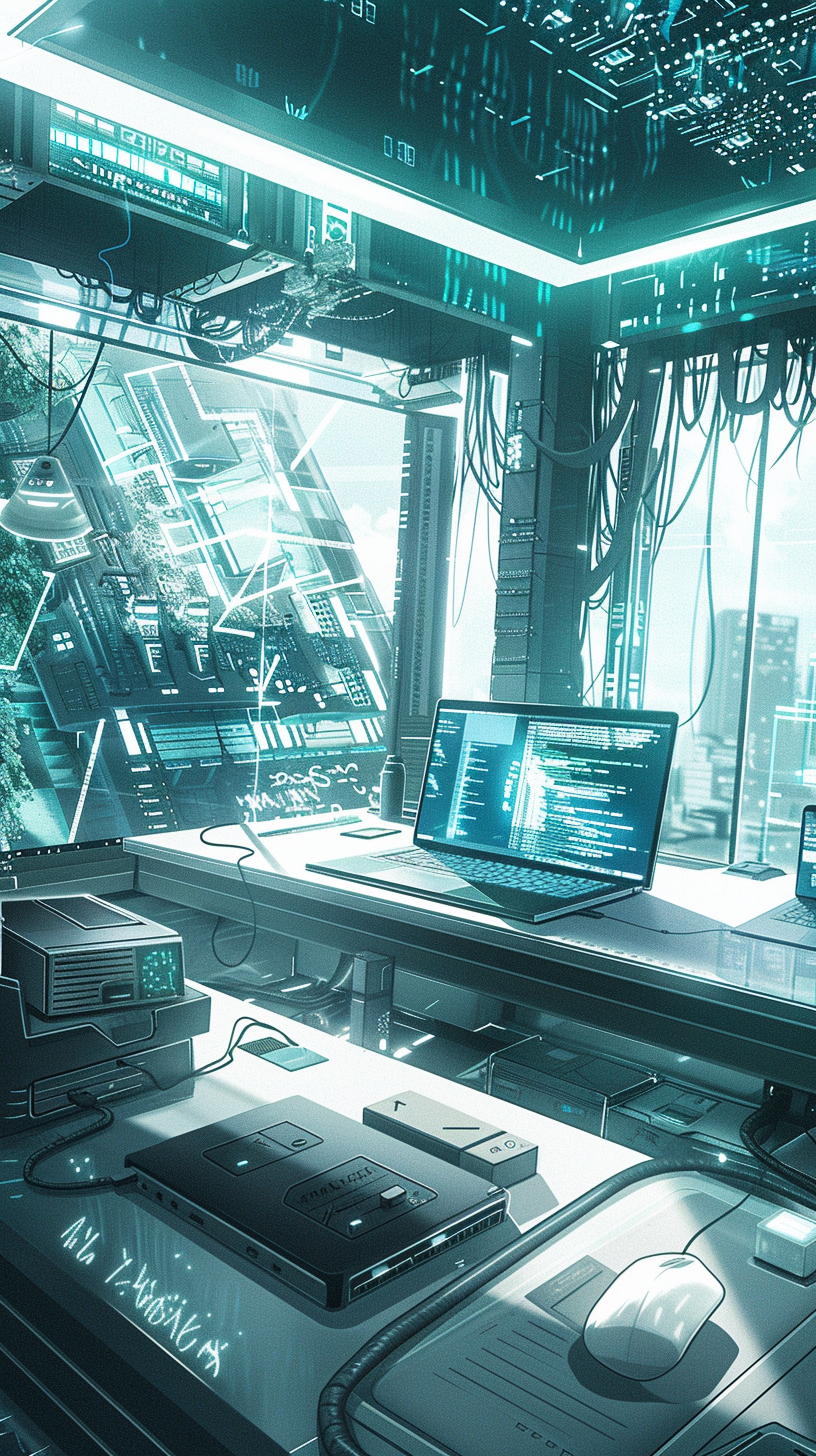 The desktop is rich in electronic equipment, the background is rack and cable, modern and high-tech atmosphere.