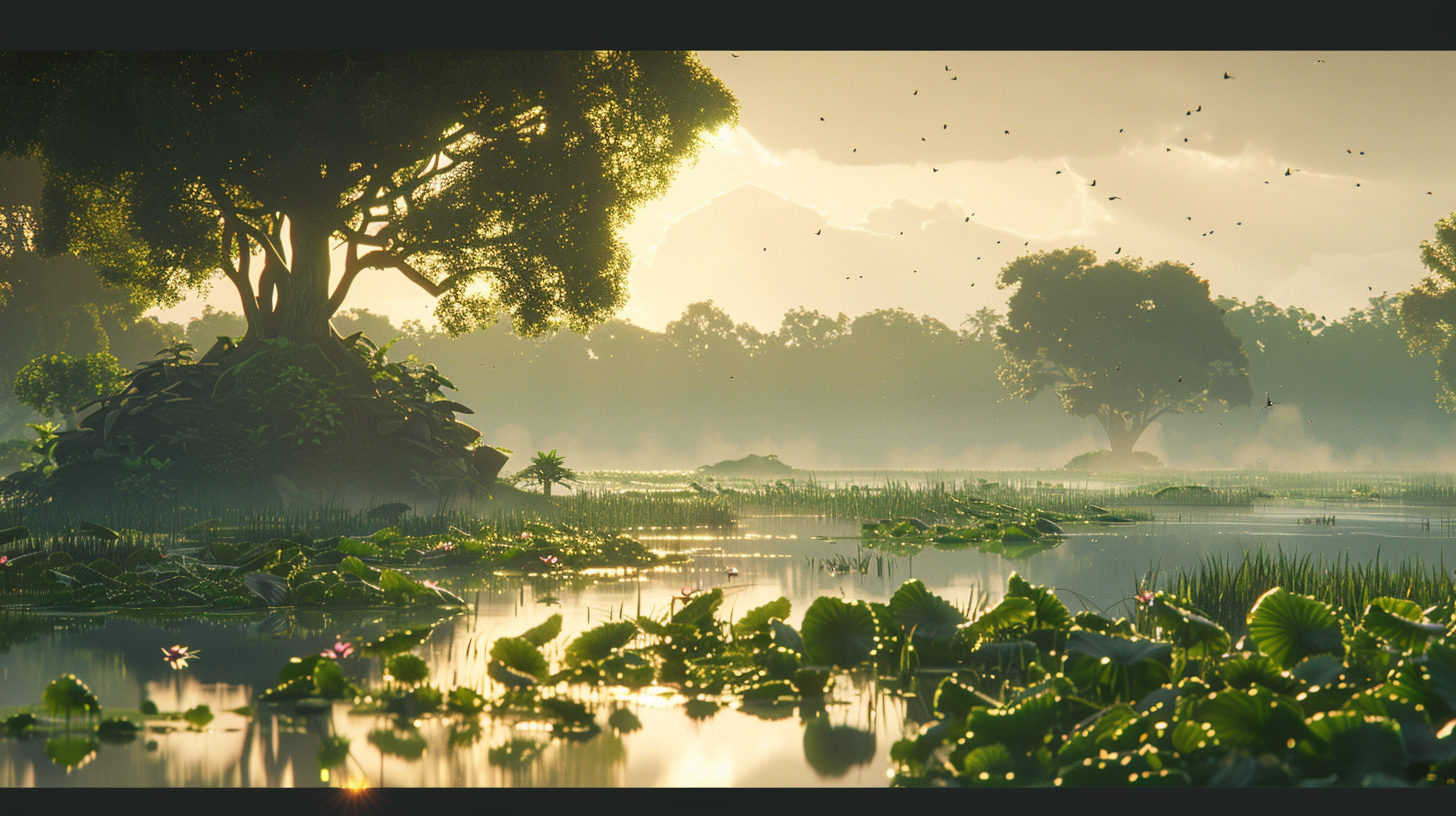 The water waves reflect the water lilies, the trees are hazy and the birds appear, and the dreamy light and shadow are beautiful like fairies.