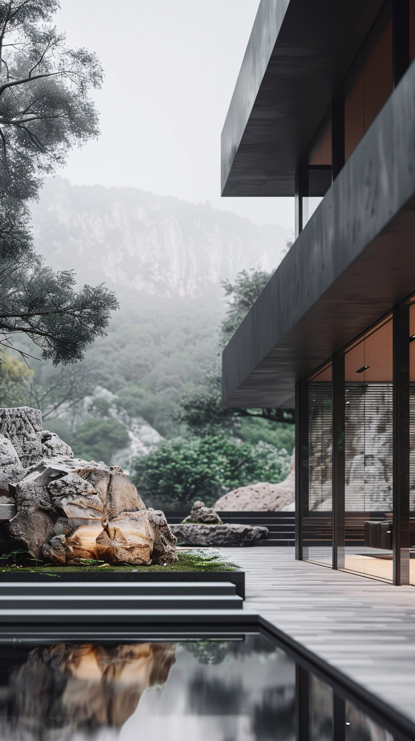 The modern buildings reflect the water, the mountains are green and the clouds are around, and the picture is quiet and profound.
