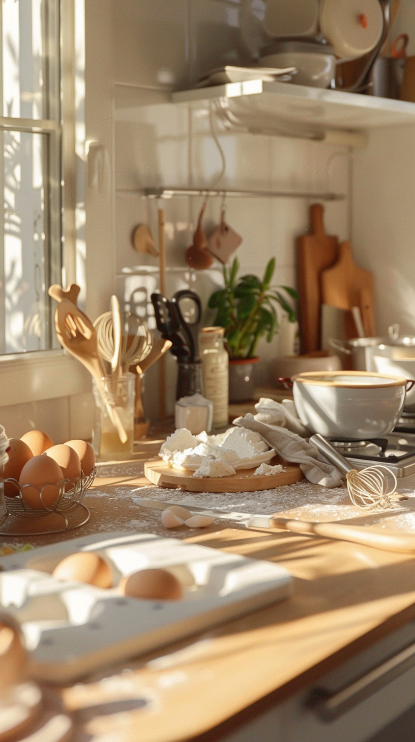 The kitchenware is neat, the sun is overflowing, and the kitchen is warm and welcoming.