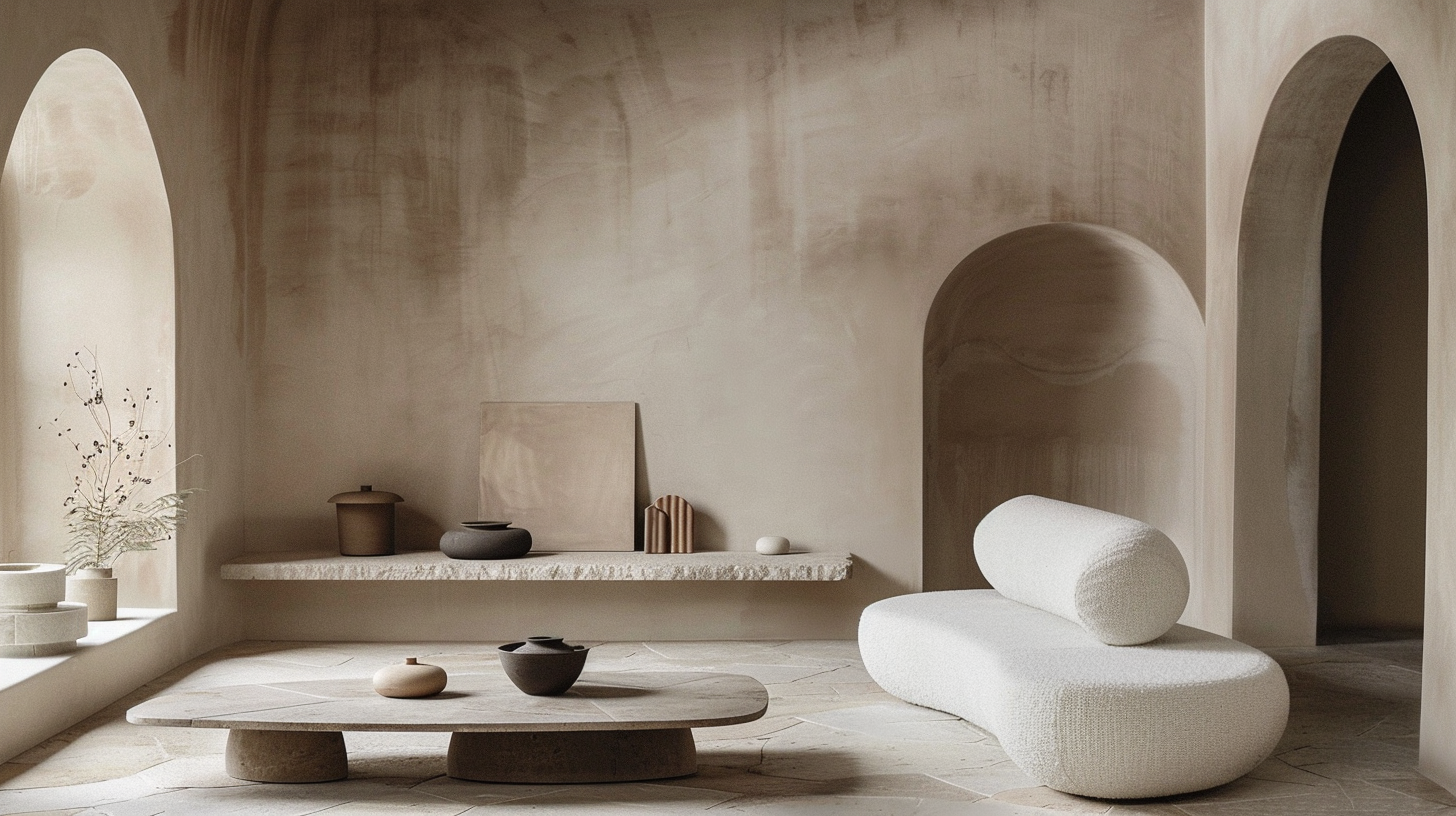 Modern room, gray main tone, a few round pottery POTS, quiet and elegant, no one is also vivid.