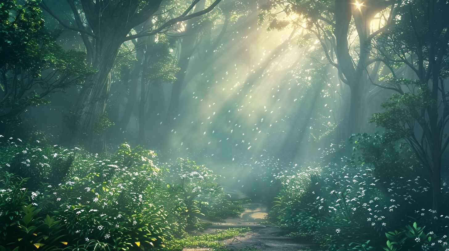 The path through the forest stretches quietly, the sun dappled, the white flowers blossomed, and the nature was quiet and beautiful.