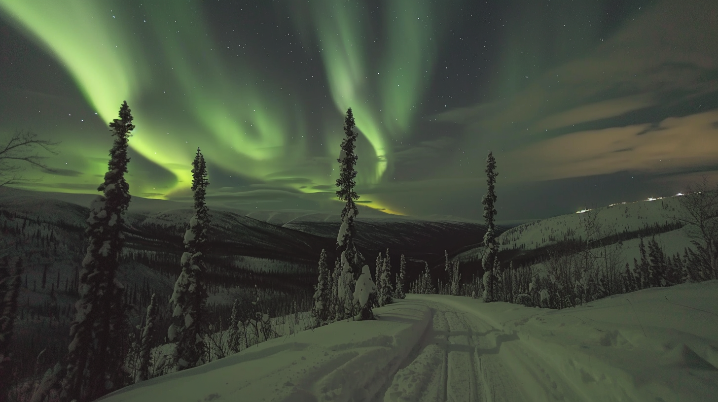 The snow covered the forest now aurora, the road through the forest left car marks, the outline of the distant mountain reflected the night.