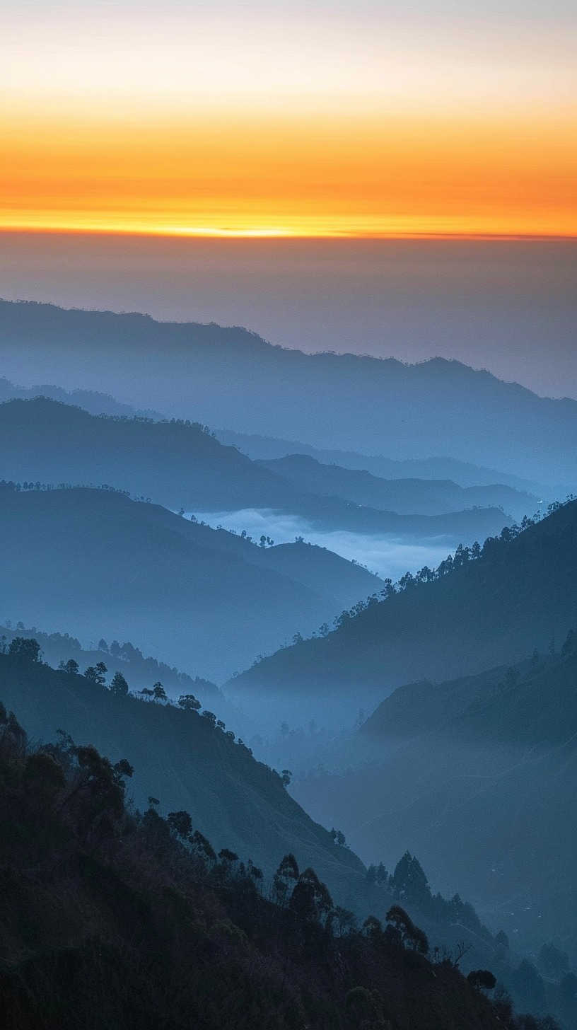 The mountains are piled up with distinct shades of blue and light blue; The sky is getting light, the sunrise is coming, and it is quiet and mysterious.