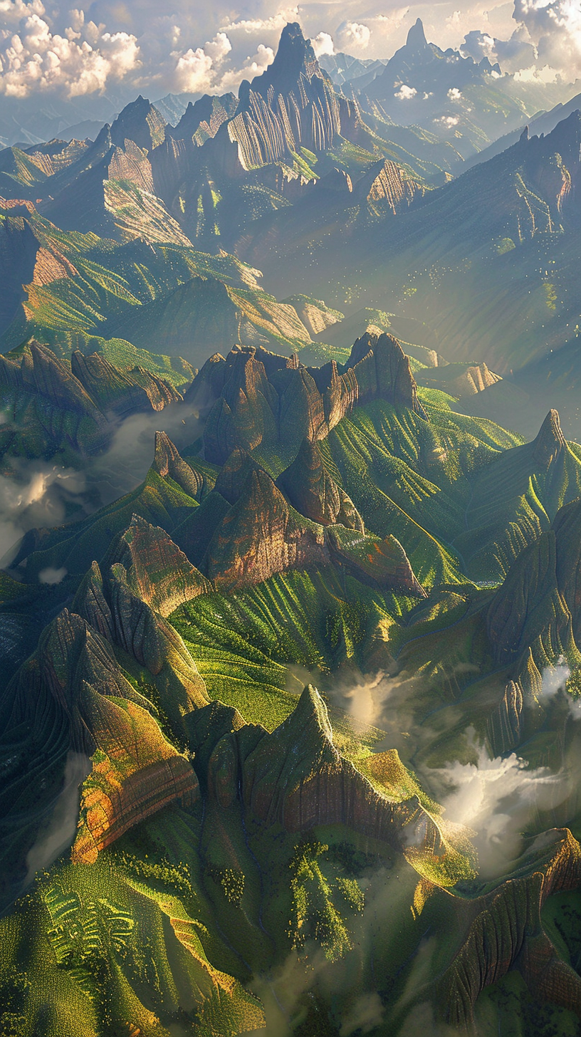 The mountains are endless, the green is abundant, the white clouds are floating, the sunshine is dappled, and the scene is quiet and mysterious.
