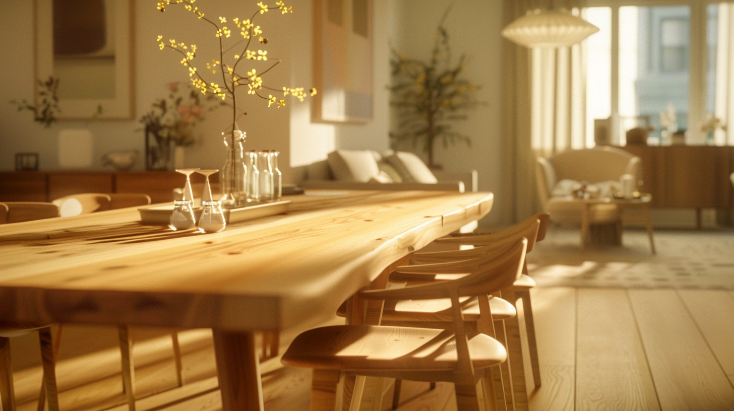 The modern interior is warm and comfortable with sunlight, green plants, simple and elegant.
