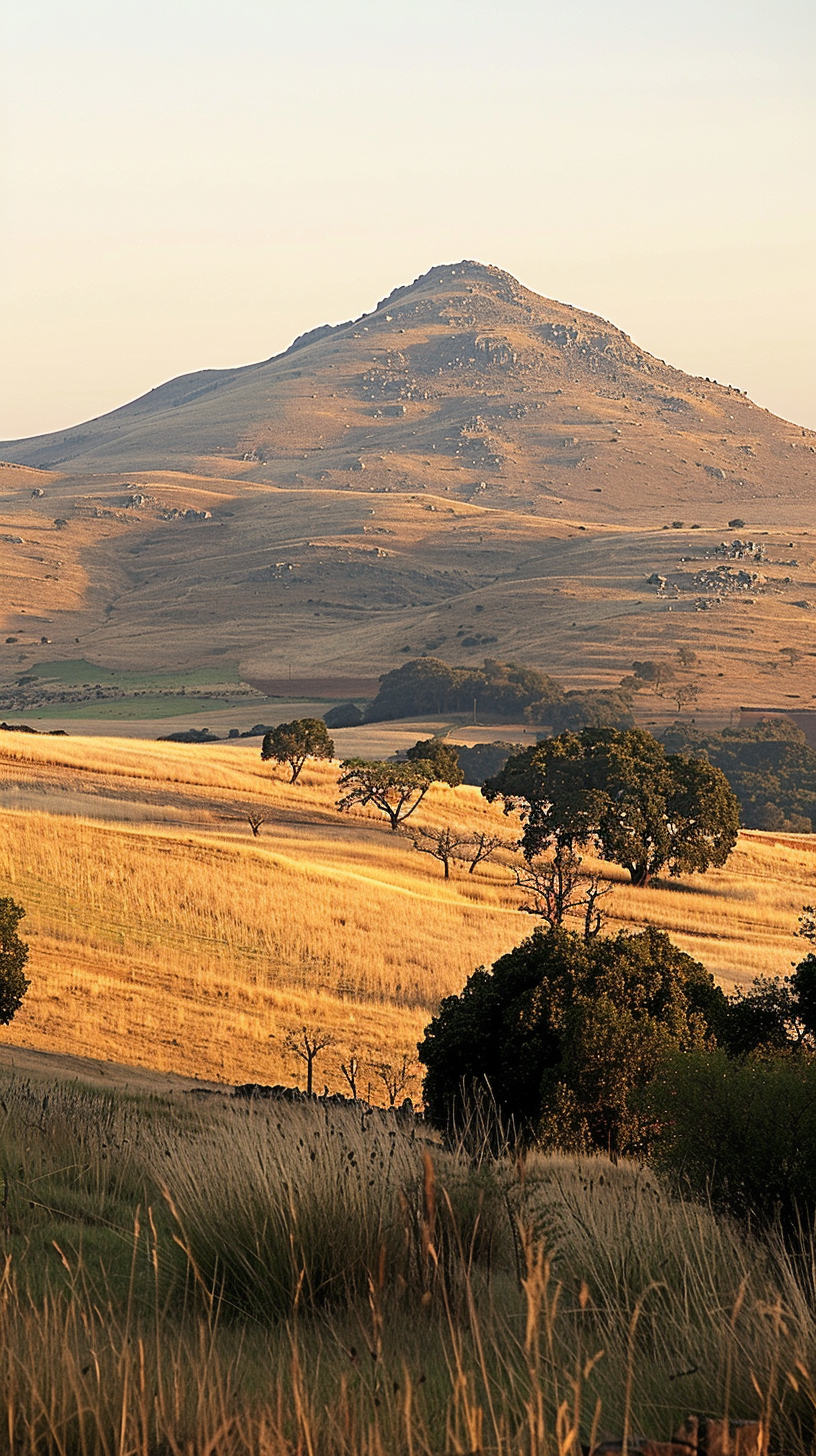 The golden wheat fields reflect the sunset, the green trees dot the path, and the distant mountains add poetry in silence.