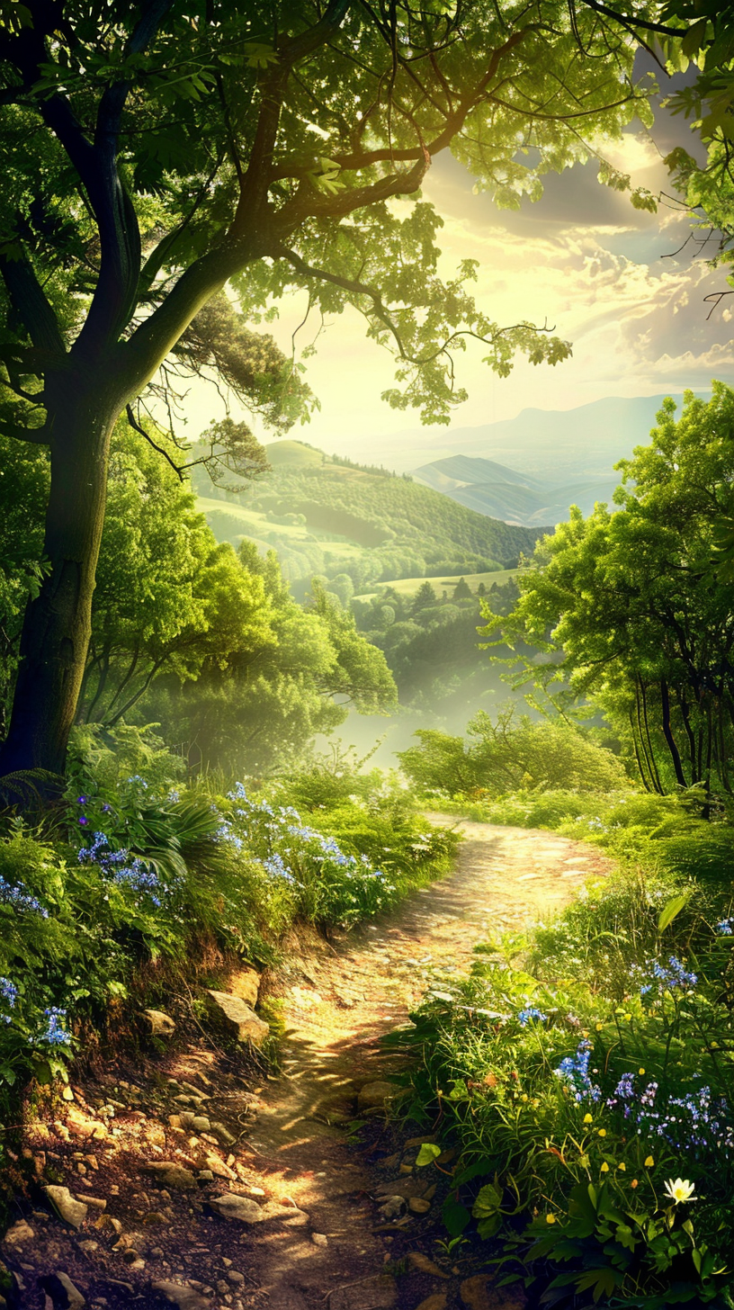 The path twists and turns thick green shade, the distant mountains undulating clouds light cage, flowers dotted with vitality.