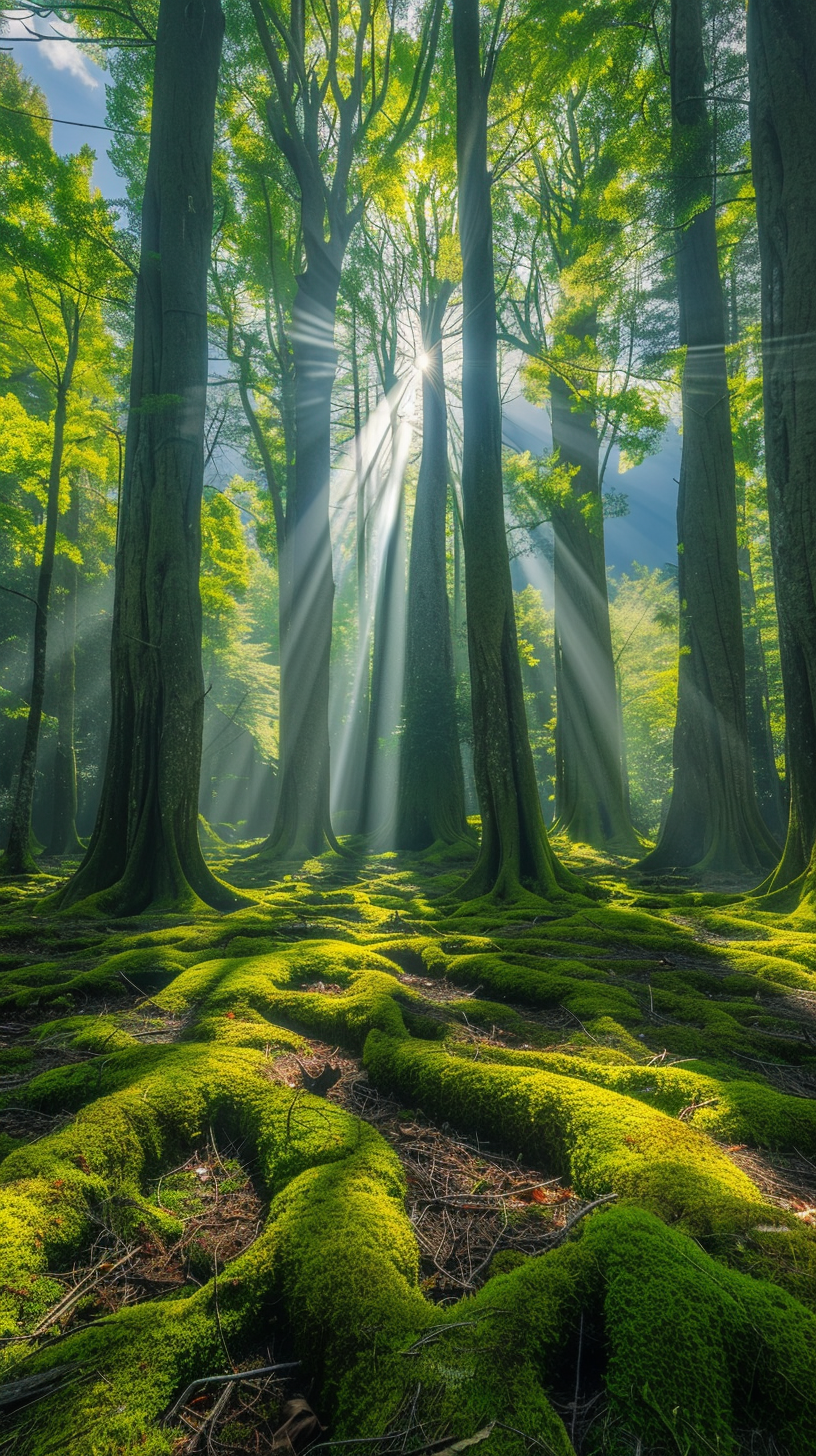 Green leaves intertwine, the sun falls, the forest is quiet and full of life.
