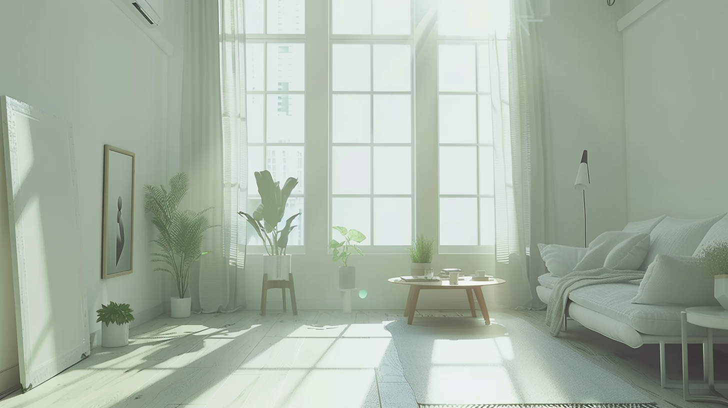 The interior is spacious and bright, decorated with simple furniture, vibrant green plants and soft sunlight.