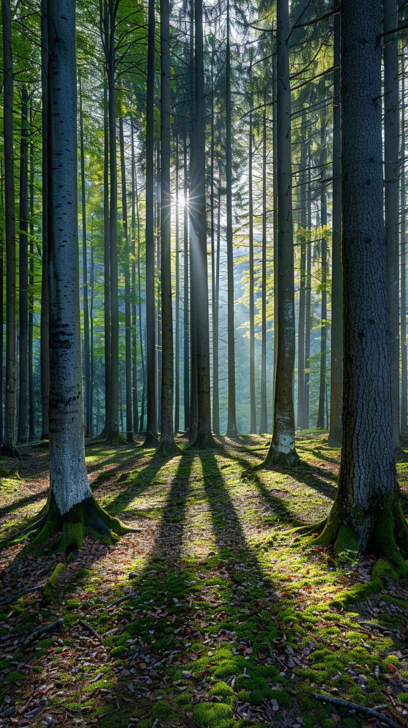 The sun is shining through the forest, the trees are dancing, the green is abundant, and the natural beauty of the forest is quiet.