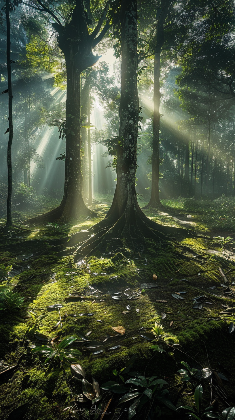 The sun is dappled, the forest is lush, green, full of vitality, light and shadow, quiet and mysterious.