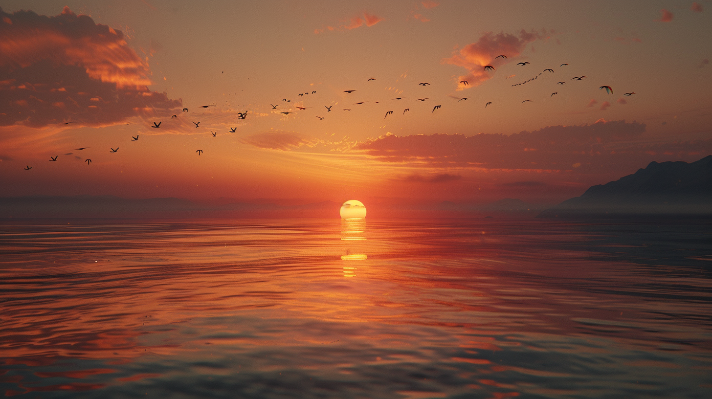 The sea shimmering sunset, birds flying silhouetted long, distant mountains such as add magnificent, sunset quiet good scenery.