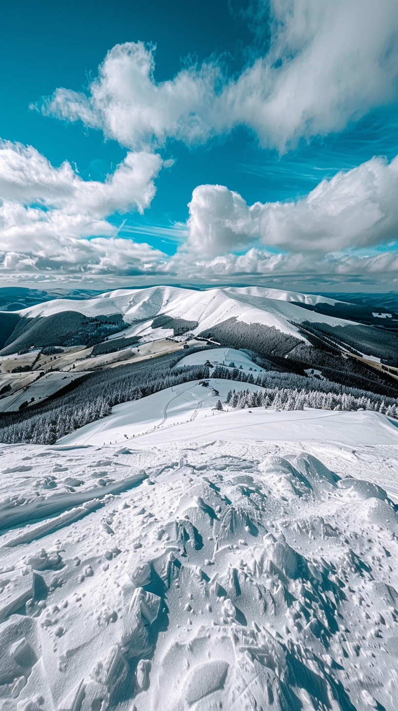 The mountains are covered with snow, and the trees are dappled with shadows.