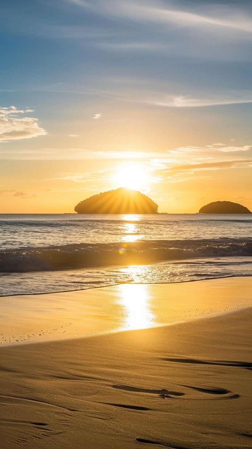 Sunset beach, afterglow sea, island standing still, footprints left, quiet and peaceful.