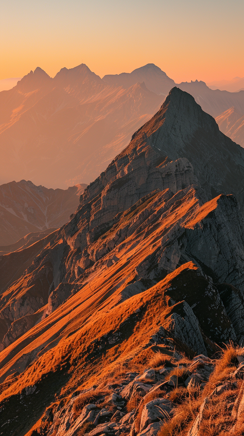 The mountains stretch, the sunset is full of peaks, the sky is deep blue, light and shadow.