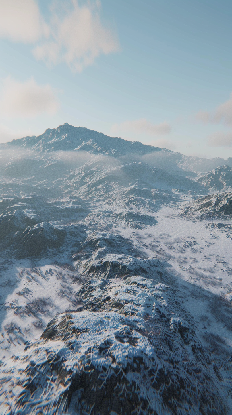 Snow-capped mountains, water shimmering, light blue clouds, deep cold.