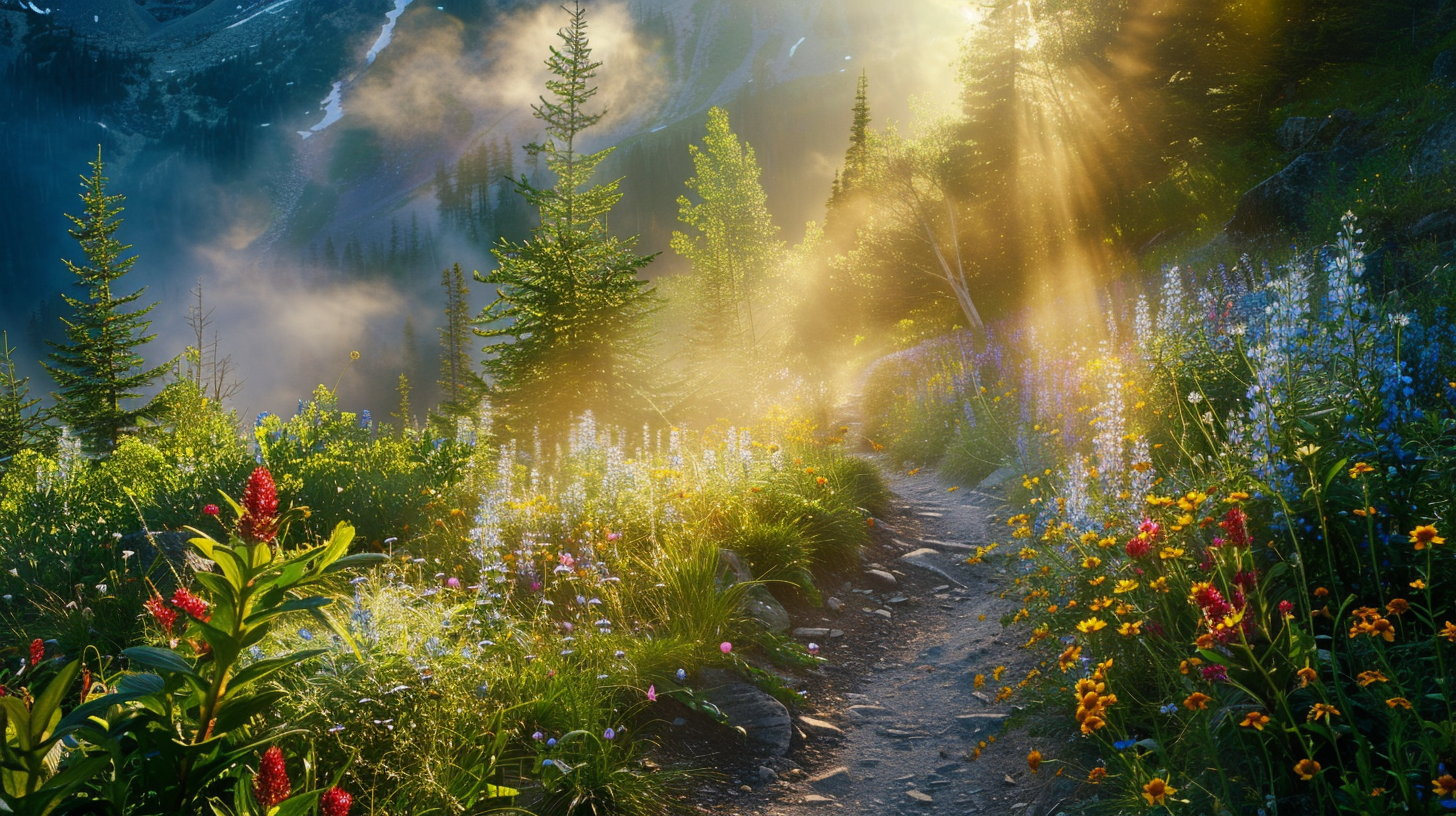 The path is dappled with light, the flowers and green trees embrace each other, and the cloud shadows on the distant mountains dance lightly.