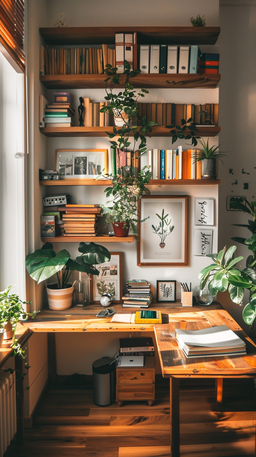 The sun fills the space, the green plants adorn the desk, and enjoy the warm working time.