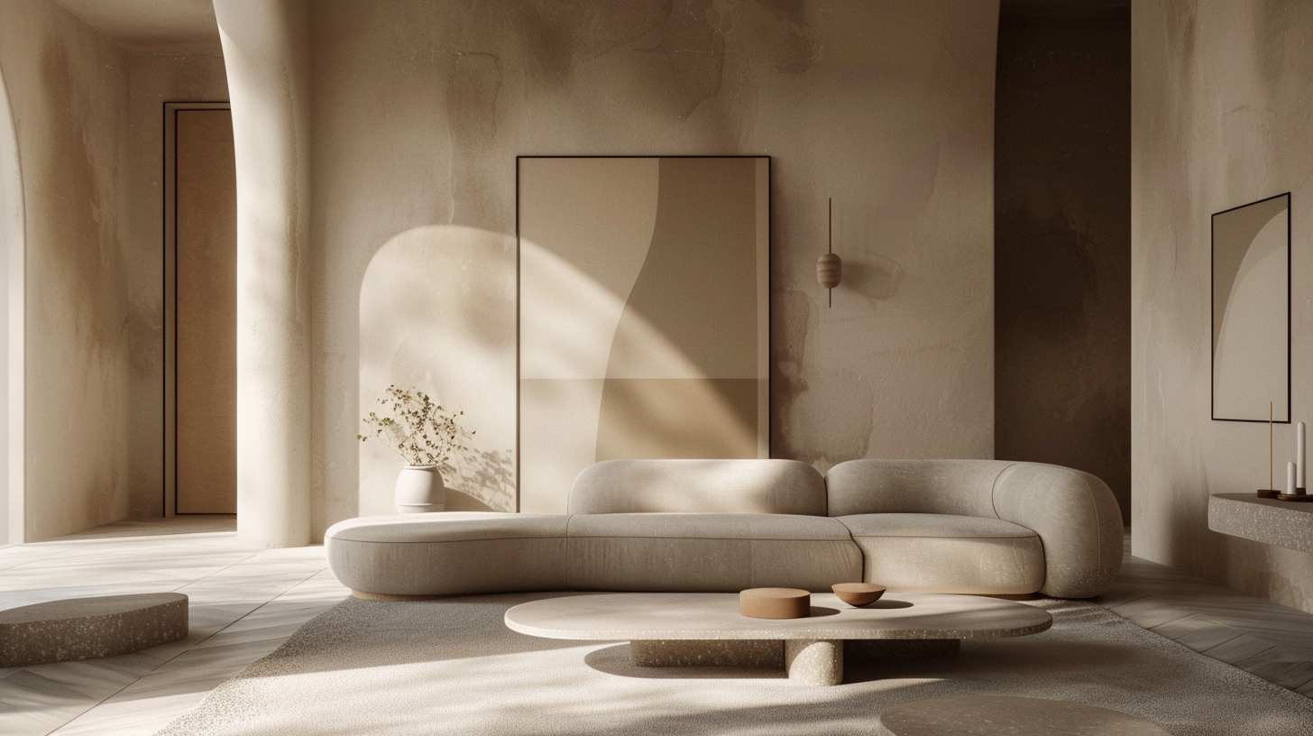 Modern interior, beige color to create a warm, light and green plants paint a quiet and elegant.