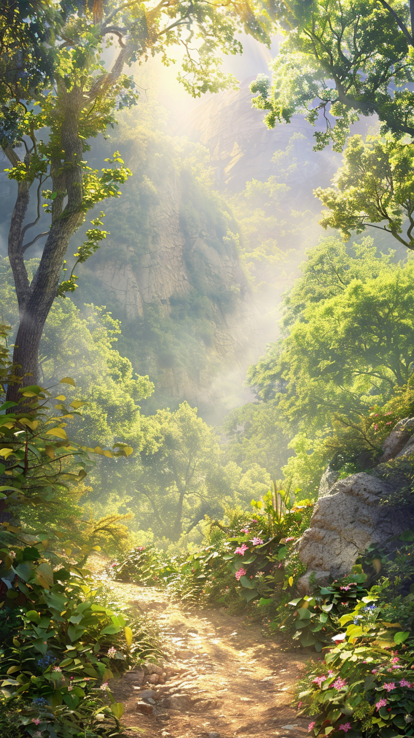 The green forest path reflects the sun, the rock flowers add elegance, the natural harmony without disturbance.