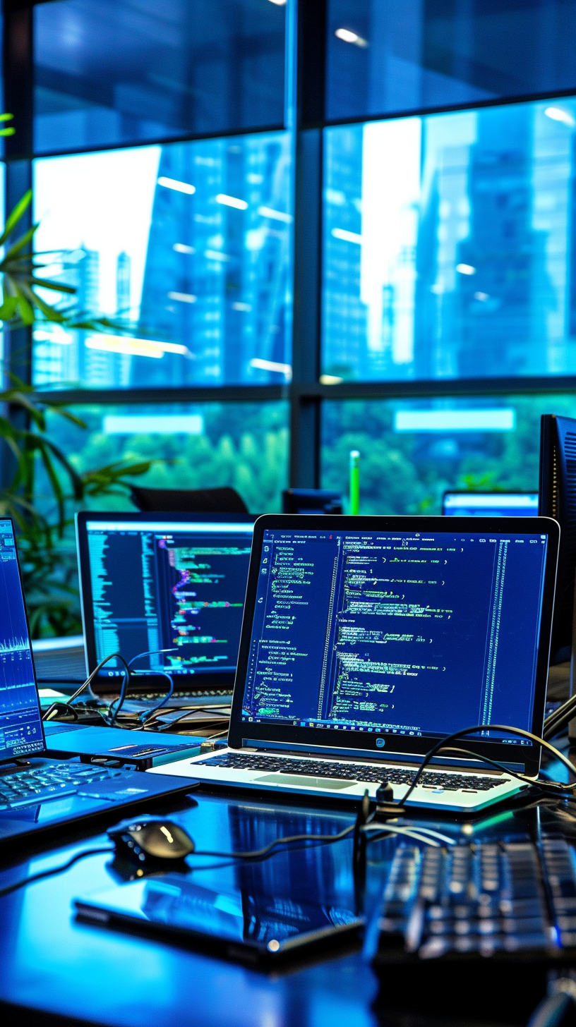 The desktop computer is opened, the night scenery outside the window reflects the eyes, the office supplies are scattered, and the busy and focused atmosphere is strong.