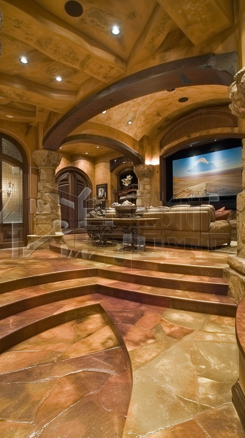 The interior is luxuriously designed with steps, fireplaces and paintings, showing taste and warmth.