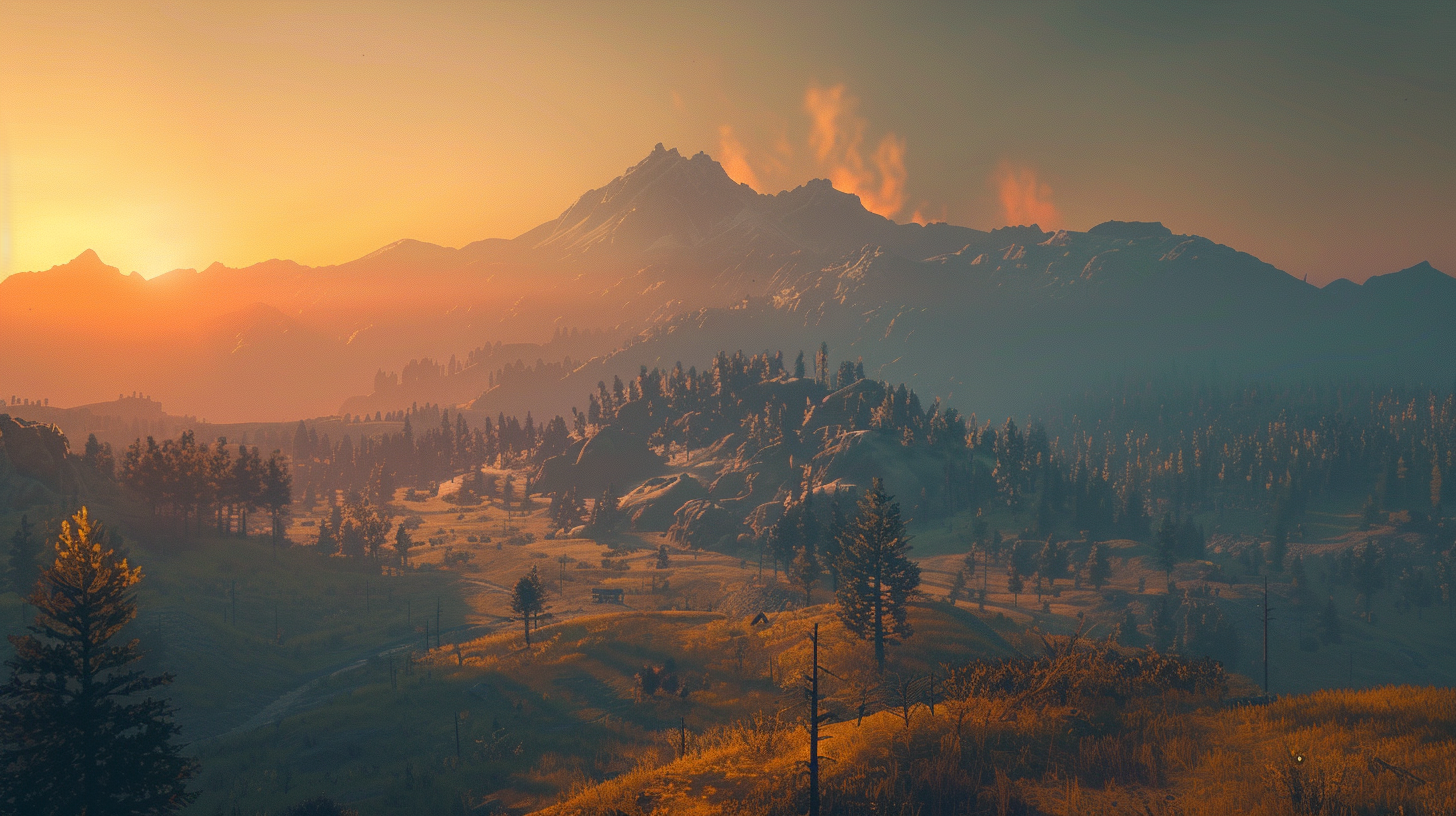 The high peaks reflect the sunset, the forest is golden green, the distant mountains are clouds and clouds can, the quiet mystery.