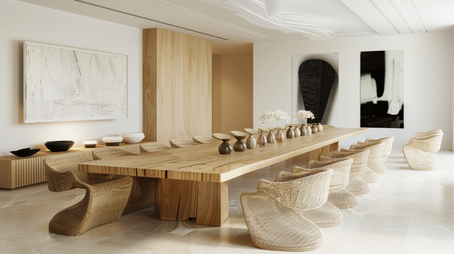 Modern interior, white and wood blend, dining tables and chairs chic, walls decorated with paintings.