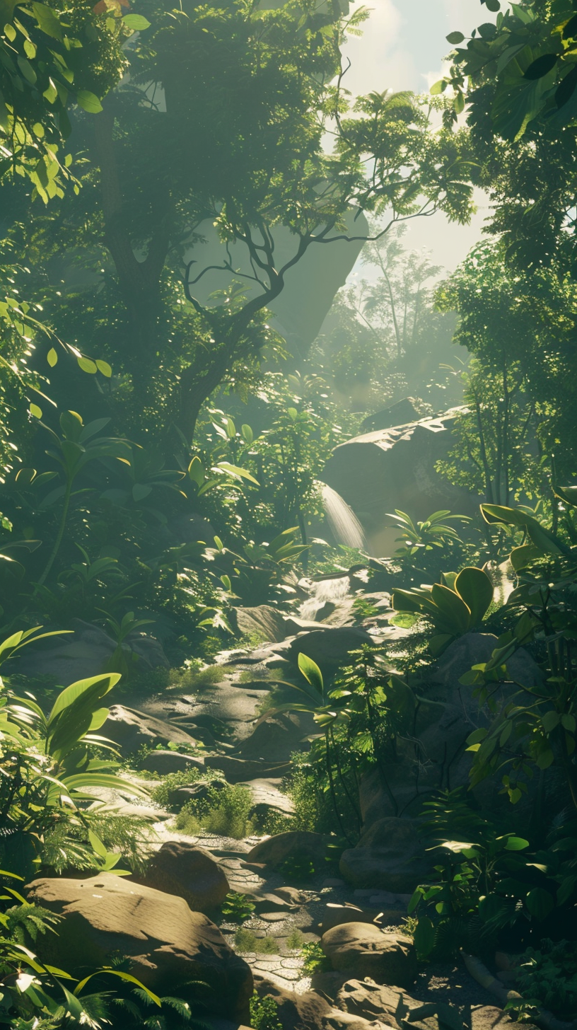 The tropical rainforest path twists and turns, full of green, sunshine dappled, the atmosphere is quiet and mysterious.