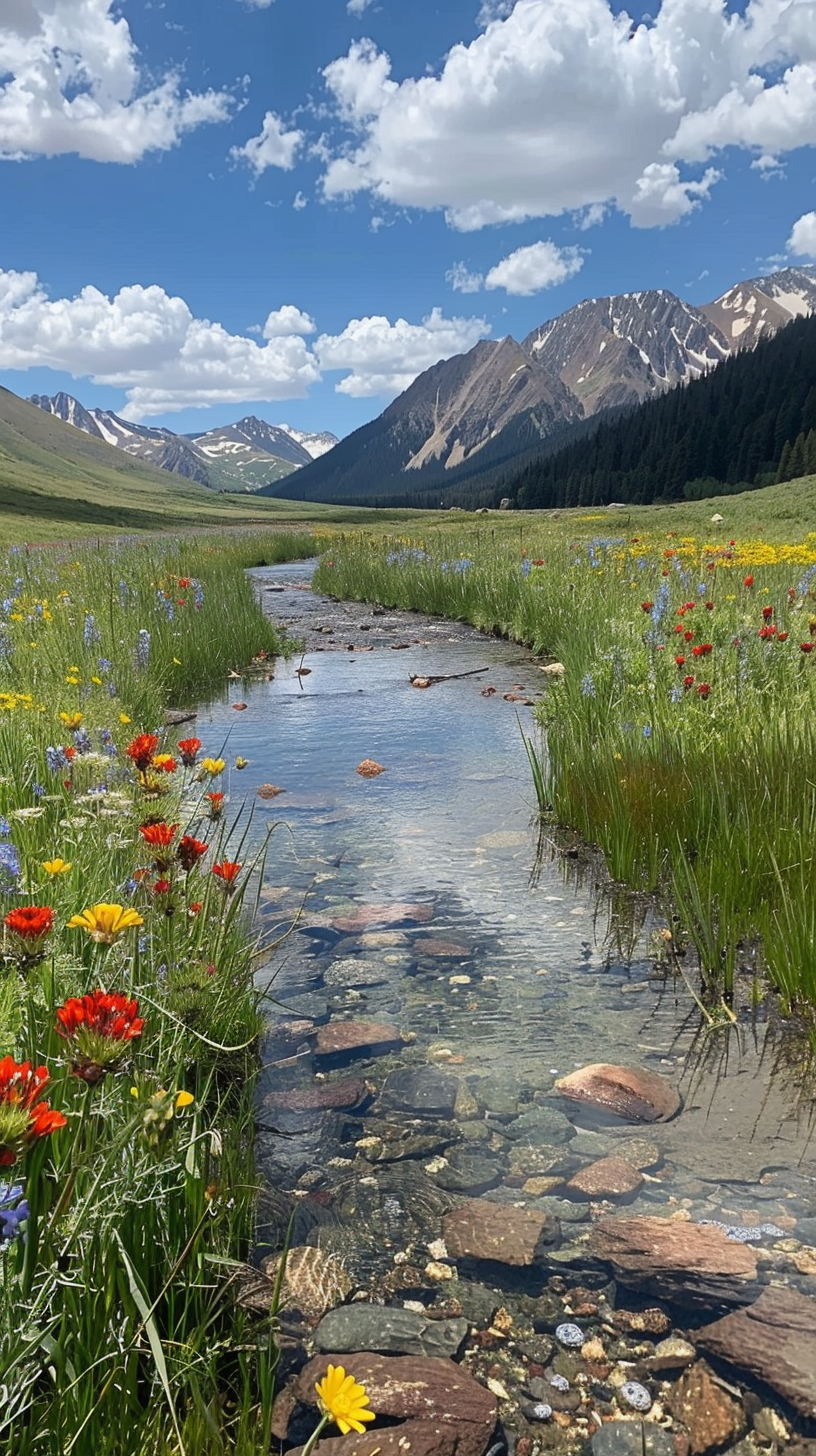 Streams through flowers, mountains reflect white clouds, wild flowers colorful, peaceful scenery.