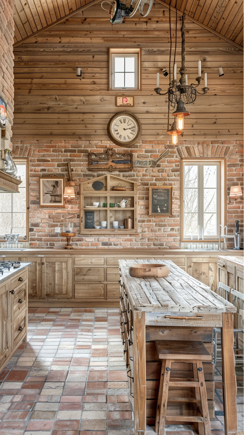 Brick wall wood display simple, island bench gather warm as usual, bright space scattered rural interest.