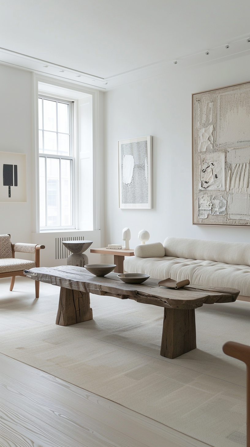 Simple living room, white walls shallow, simple furniture, art paintings adorn the space.