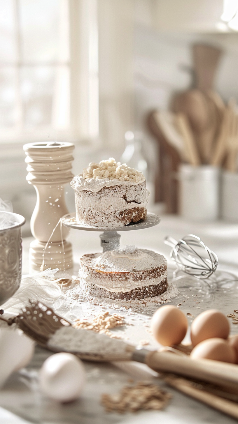 Beside the white porcelain bowl and mixer, the flour and eggs are scattered, the cake is attractive, and the light and shadow are soft and warm.