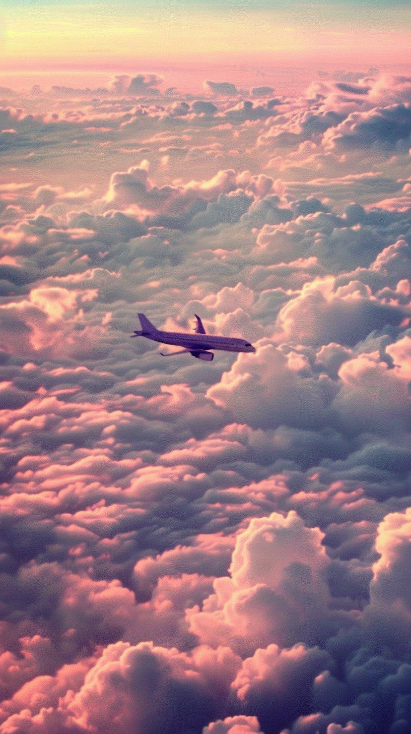 White machine through the cloud painting color pattern, pink purple sky reflects soft clouds, quiet mysterious painting the sky.