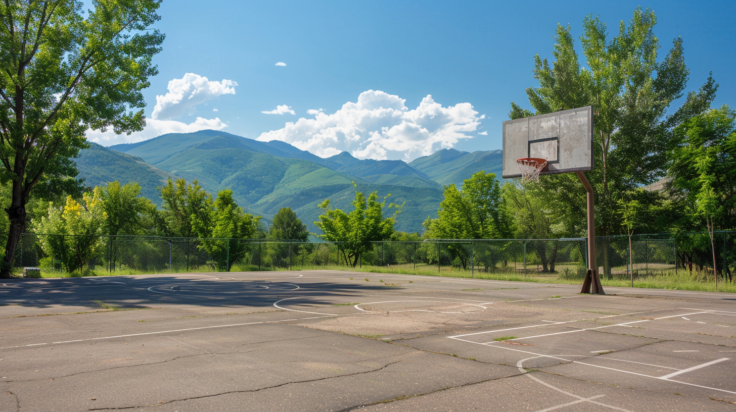 The mountain course is quiet, green trees and blue sky, empty, fresh and natural.