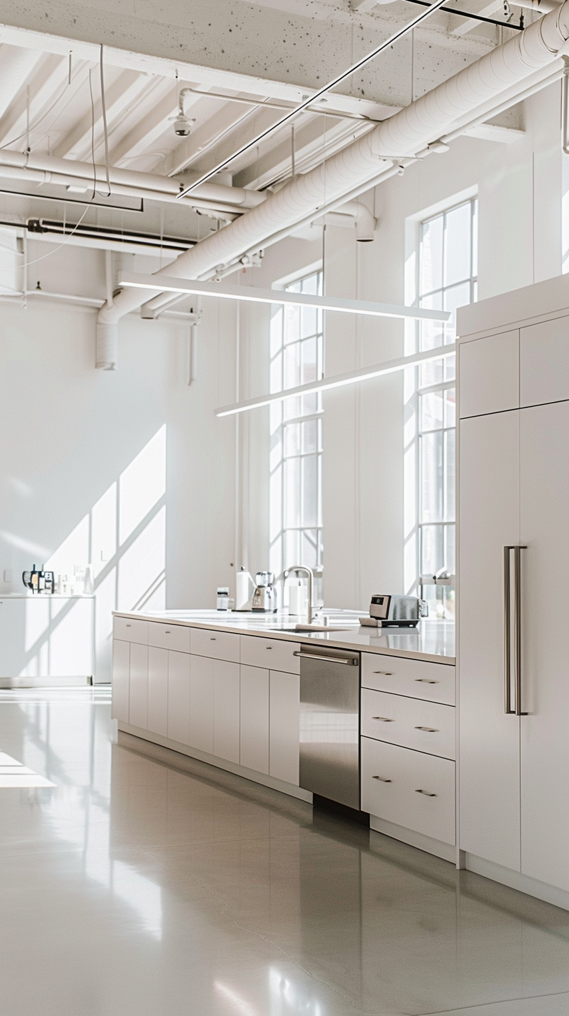 The kitchen is bright and modern, decorated with stainless steel appliances, simple and spacious.
