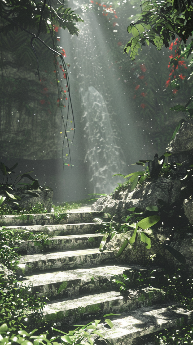 The stone path twists and turns to the waterfall, the green shadow and red flowers accompany the sun, the waterfall pouring rumble, the field scenery into the painting.