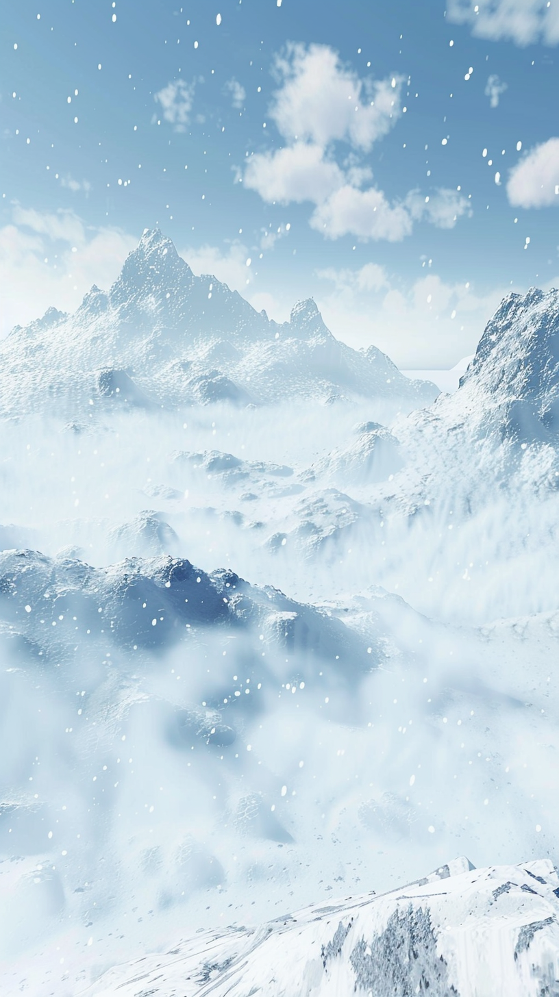 The snow-capped mountains loom high above the clouds, and the mist wreaths the snow.
