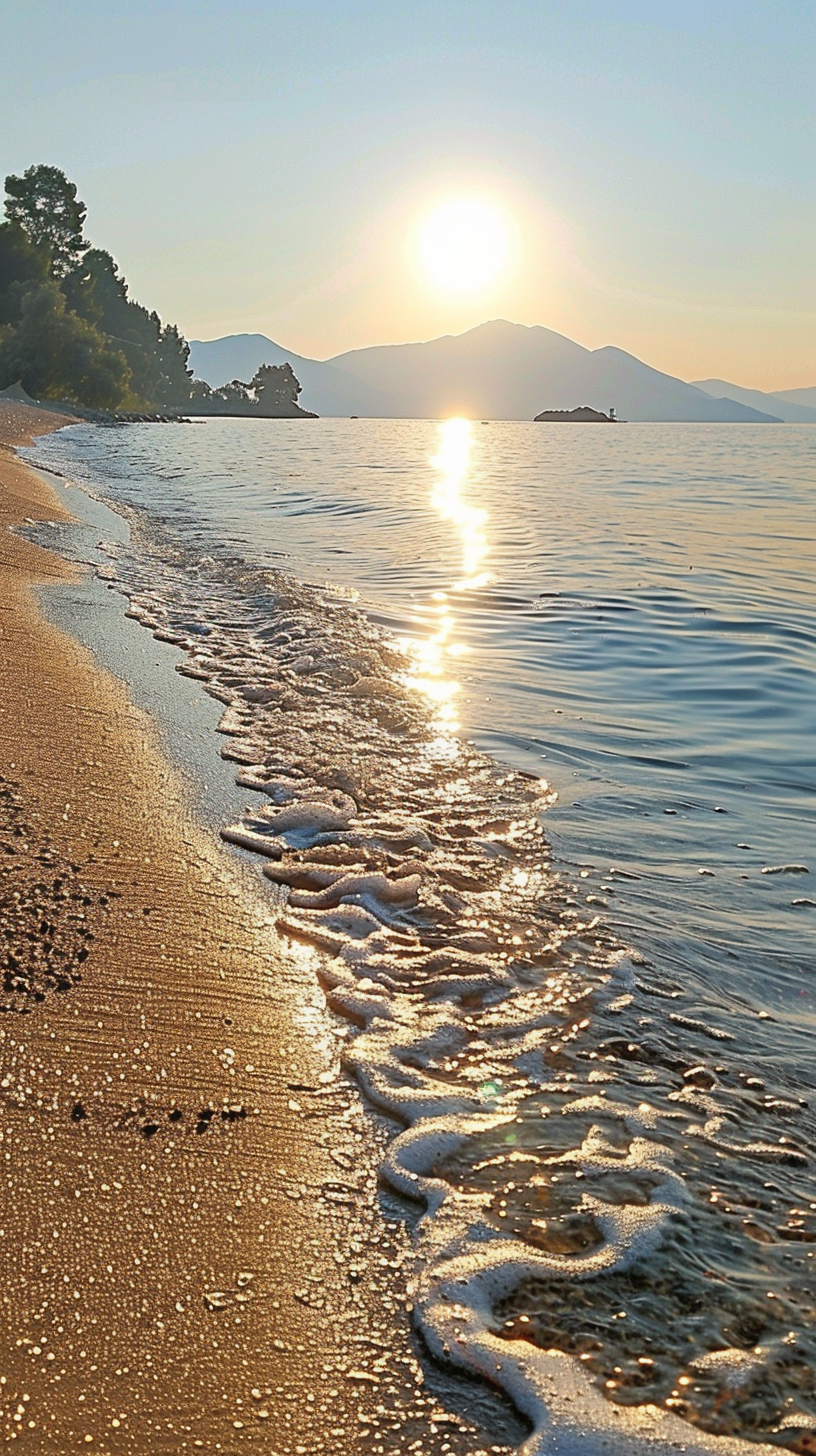 Sunrise Jinhui sprinkled beach, wave light mountain color painting quiet.