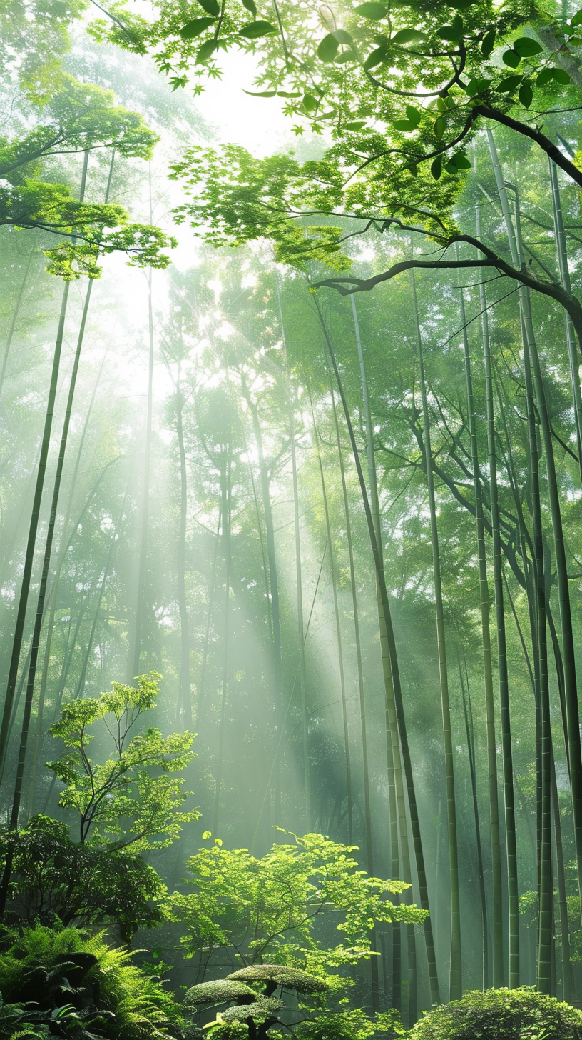 Bamboo swaying, sunshine, moss embellished, quiet nature.