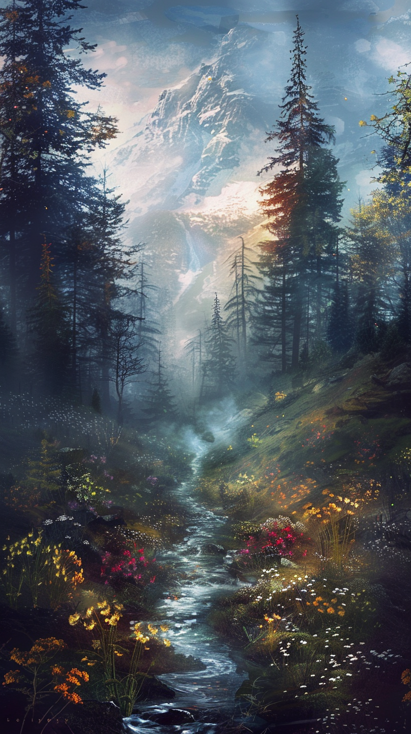 The mountains and mountains reflect the snow in the morning, the streams and flowers paint the vitality, and the quiet and mysterious scenery is strange.