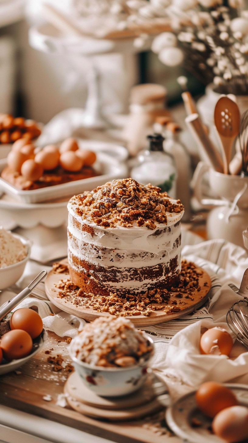 The cake ingredients are on the table, the baking tools are available, and the background flowers add elegance.
