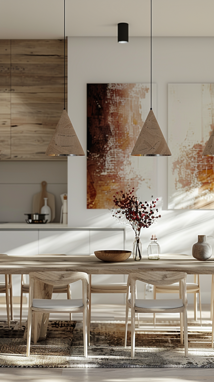 Simple kitchen dining area, bright and comfortable, art embellishment, natural harmony.