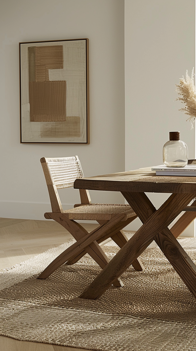 The modern interior, with dark brown dining tables and light wood chairs, and abstract paintings hanging on the walls, is simple, comfortable and artistic.