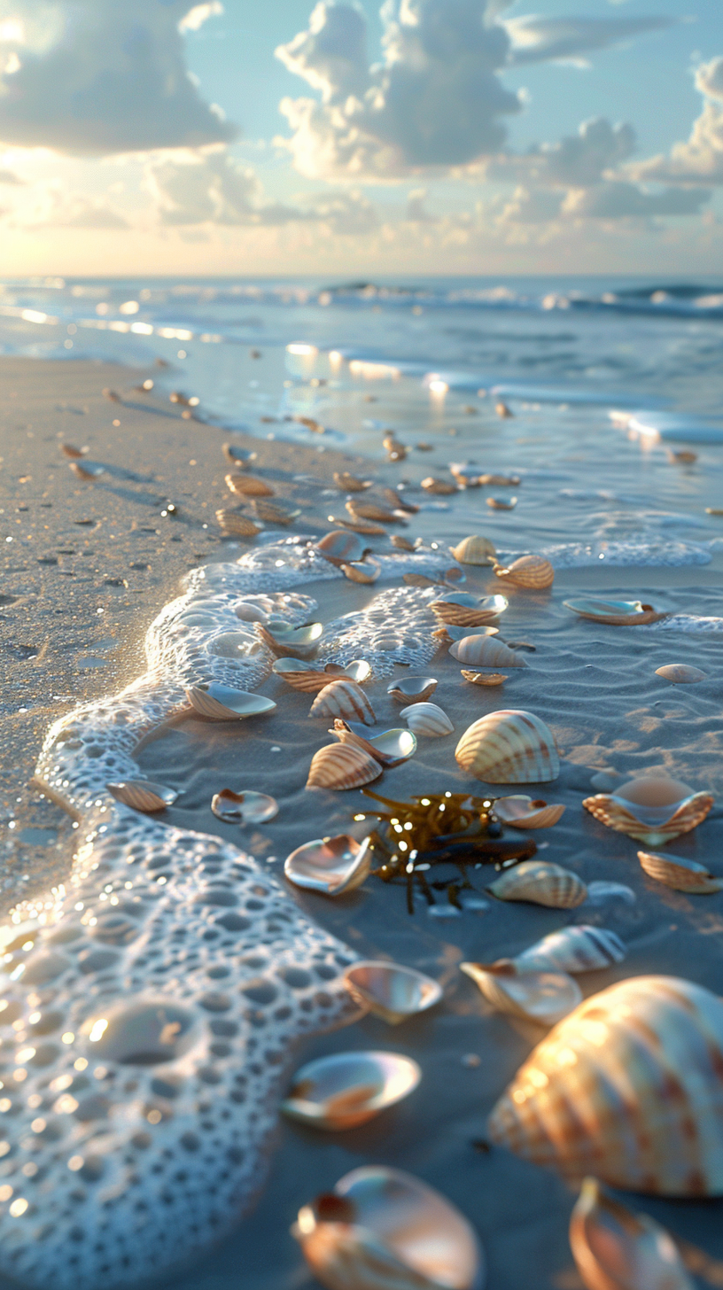 Colorful shells scattered on the beach, the water caressed, the blue sky against the clouds.