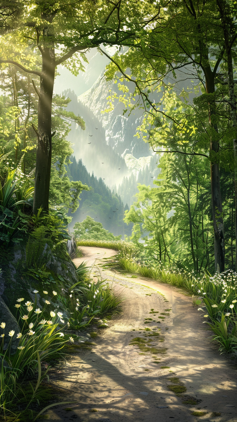 Green path through the forest, snow peak looking forward, light and shadow mottled, natural quiet good.