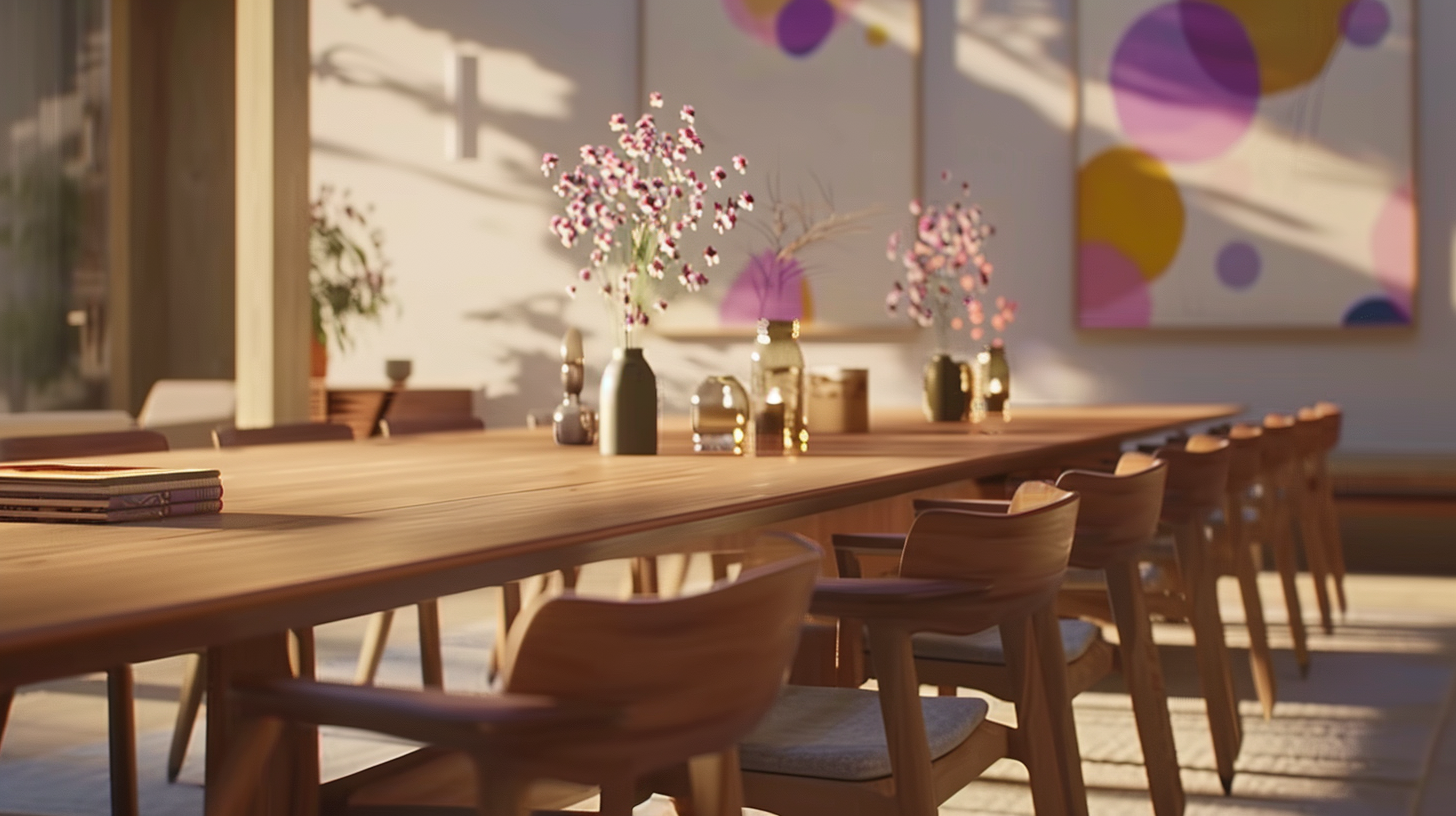 The interior is modern and simple, the table is decorated with books and flowers, the sunshine is soft and the atmosphere is warm.