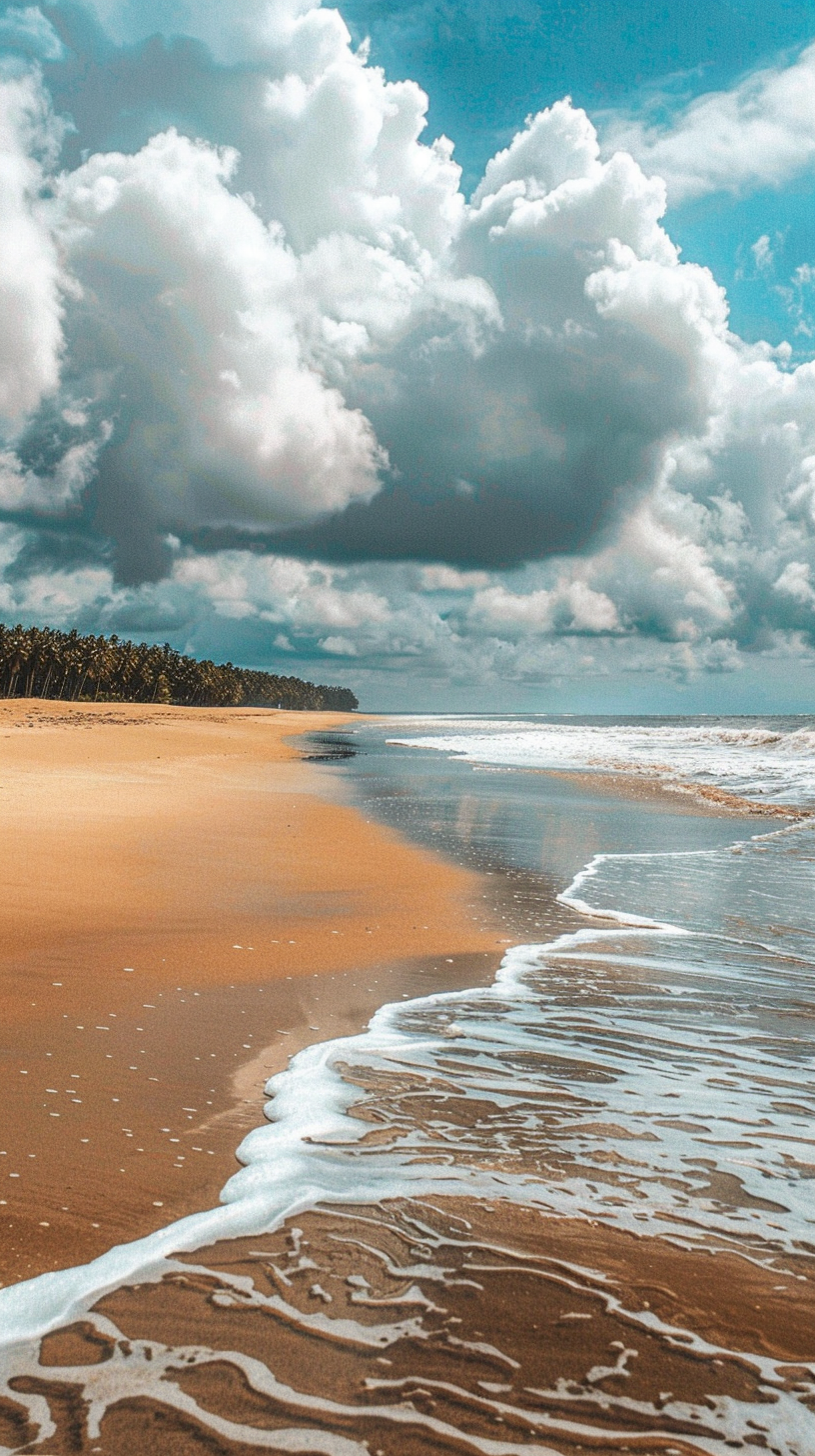 The green waves reflect the beach, the white clouds float in the blue sky, and the trees stand on the shore.